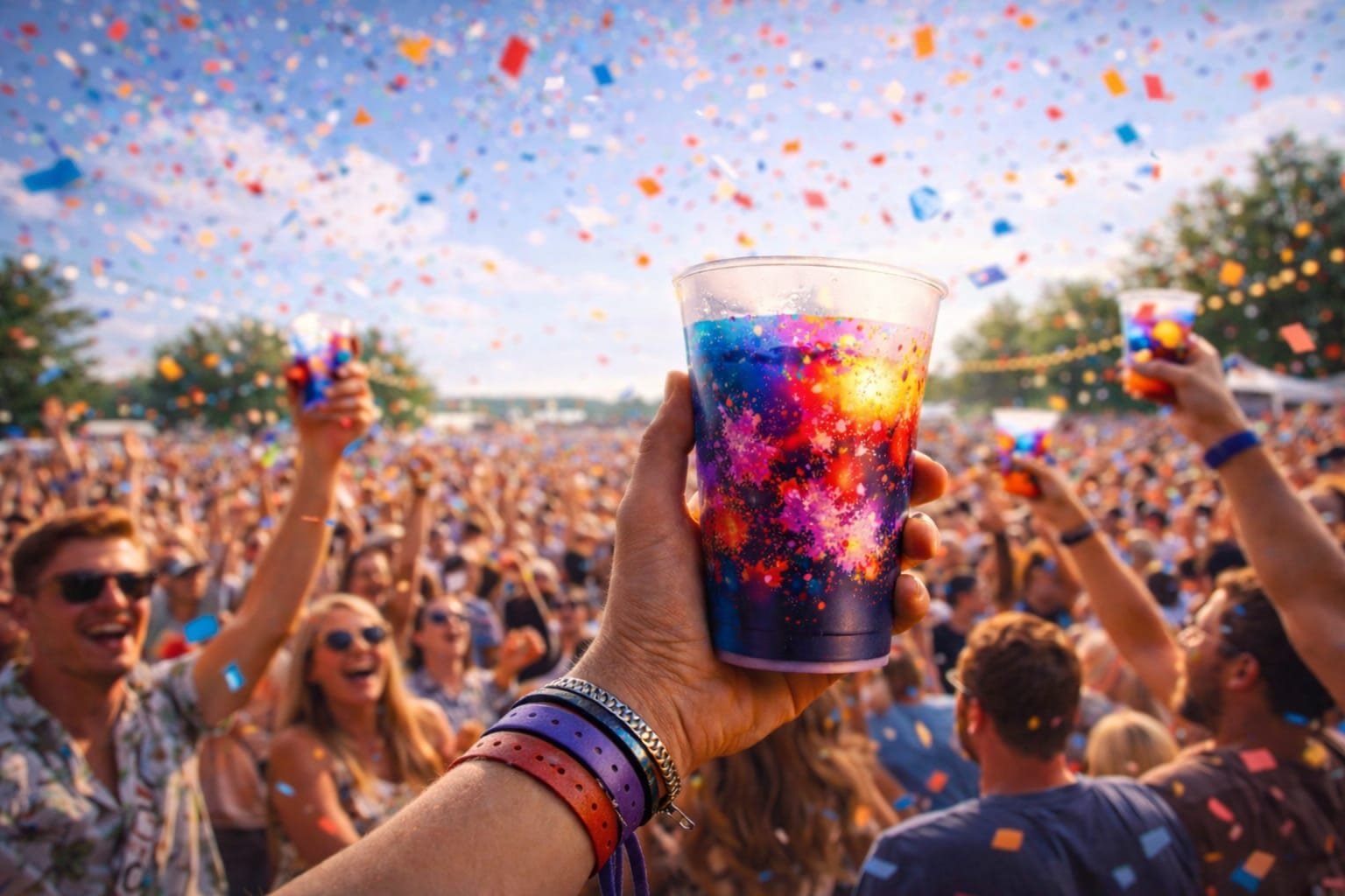 Tłum na festiwalu wznoszący kubki wielokrotnego użytku z kolorowym nadrukiem